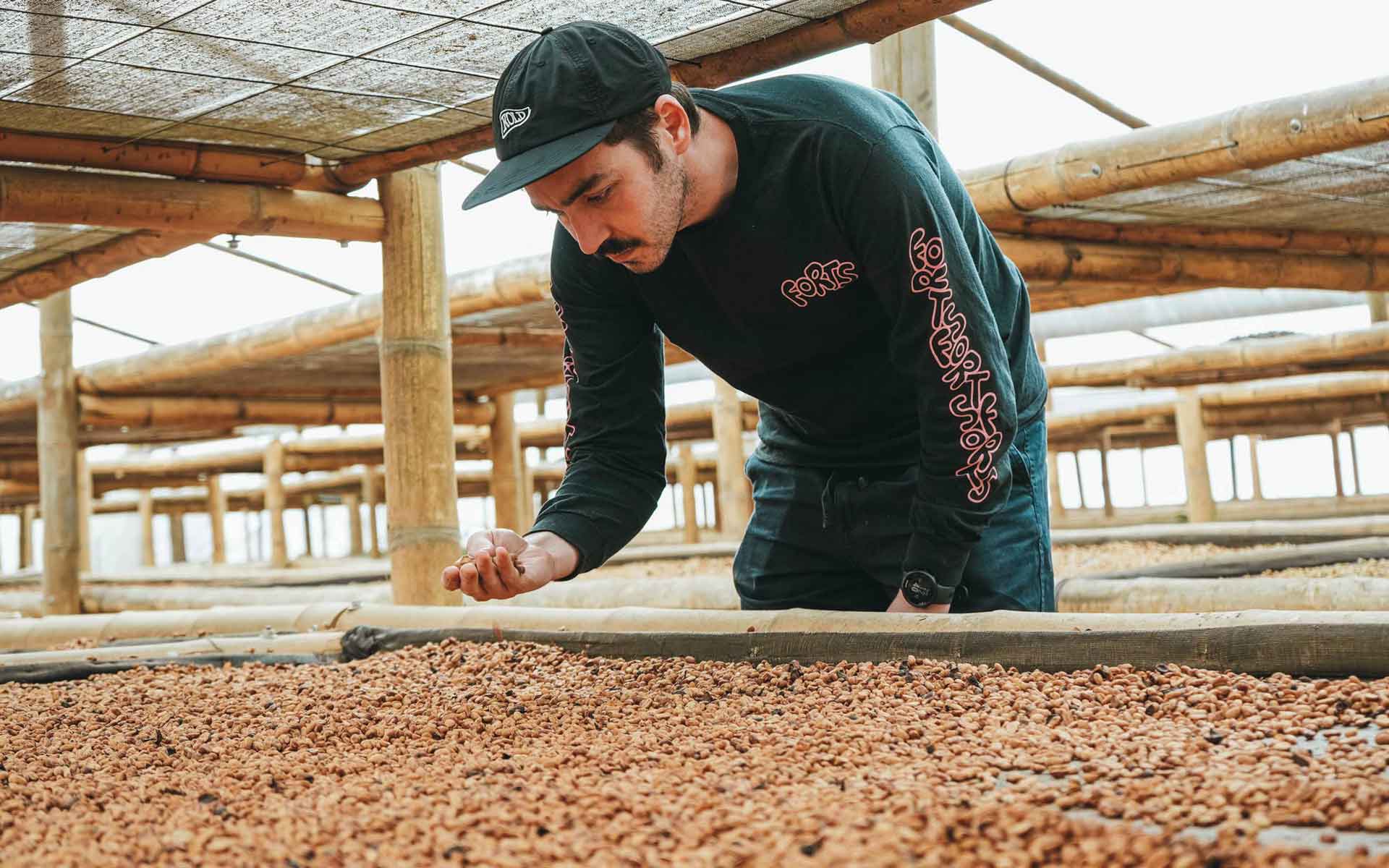 Hard Lines team member with coffee beans